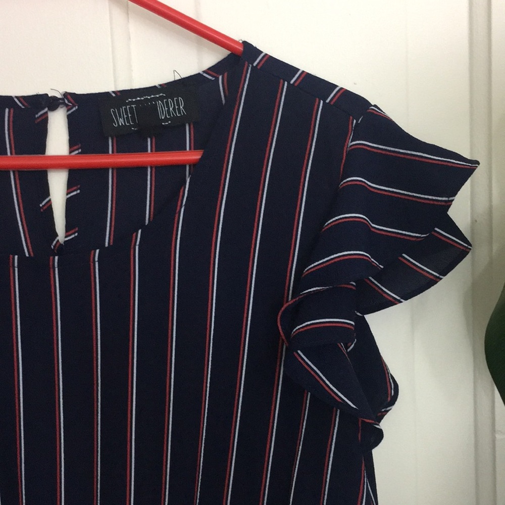 Sweet Wanderer Navy Pinstripe Flutter Sleeve Top - Picture 3 of 11